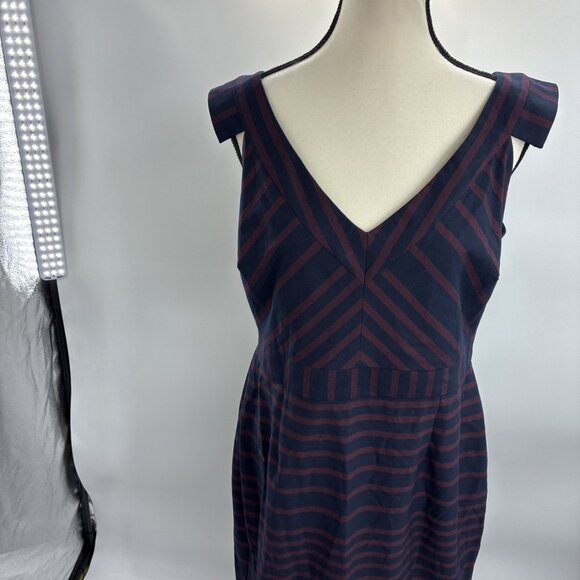 ASOS Womens 12 Navy Burgundy Striped Sleeveless V Neck Midi Dress - Picture 2 of 6